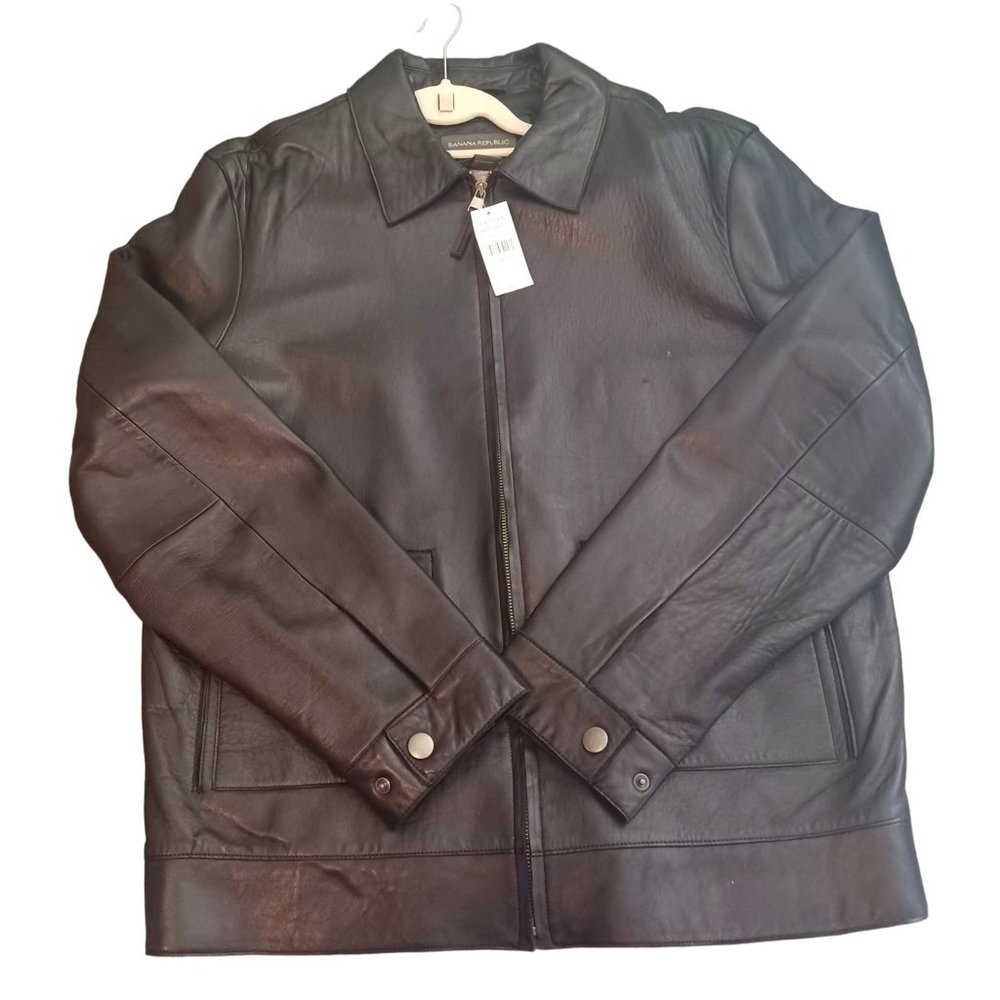 NWT $395 Vintage Y2K Banana Republic Men's Zip Up Black Leather Jacket L…